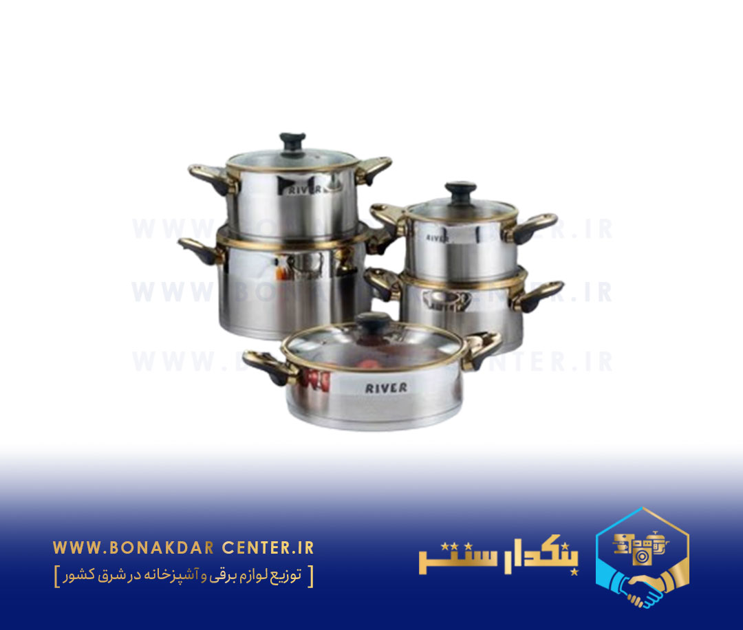 سرویس قابلمه 10 پارچه استیل دسته وقپه باکالیت استیل طلایی ریور مدل 3303G